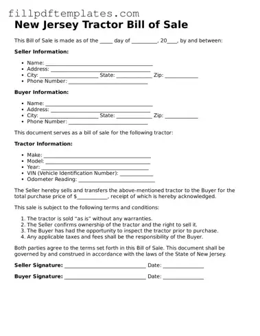 Blank New Jersey Tractor Bill of Sale Form