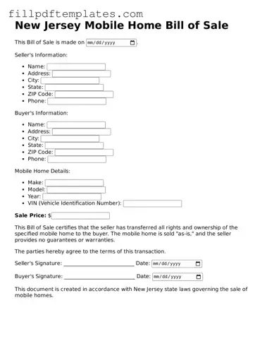 Blank New Jersey Mobile Home Bill of Sale Form