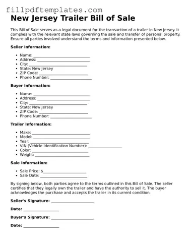 Blank New Jersey Trailer Bill of Sale Form
