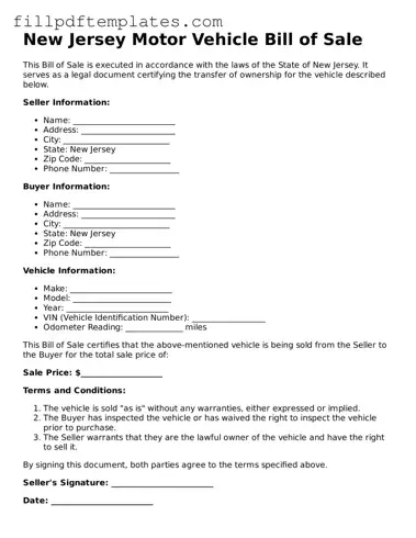 Blank New Jersey Motor Vehicle Bill of Sale Form
