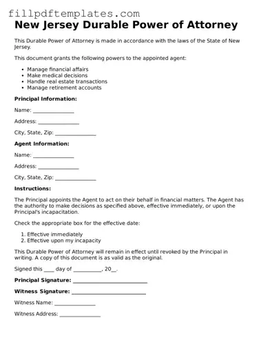 Blank New Jersey Durable Power of Attorney Form