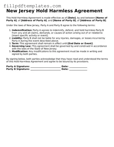 Blank New Jersey Hold Harmless Agreement Form