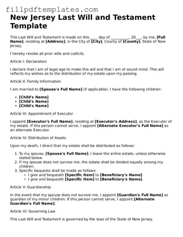 Blank New Jersey Last Will and Testament Form