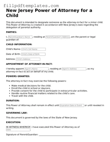 Blank New Jersey Power of Attorney for a Child Form