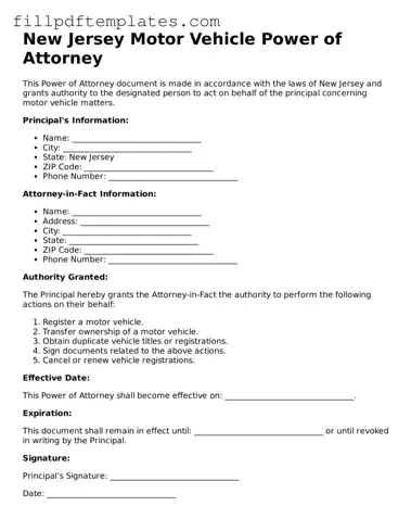 Blank New Jersey Motor Vehicle Power of Attorney Form