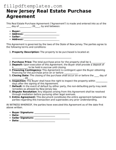 Blank New Jersey Real Estate Purchase Agreement Form