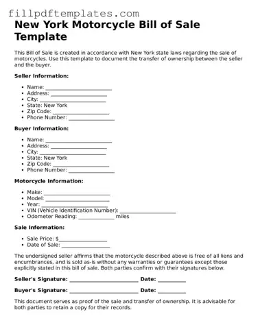 Blank New York Motorcycle Bill of Sale Form
