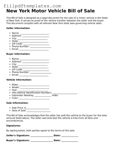 Blank New York Motor Vehicle Bill of Sale Form