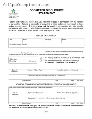 Fill a Valid Texas Odometer Statement Template