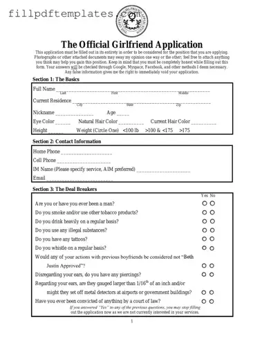 Fill a Valid Girlfriend Application Template