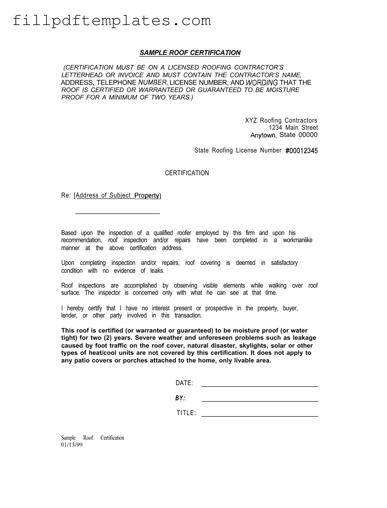 Fill a Valid Sample Roof Certification Template