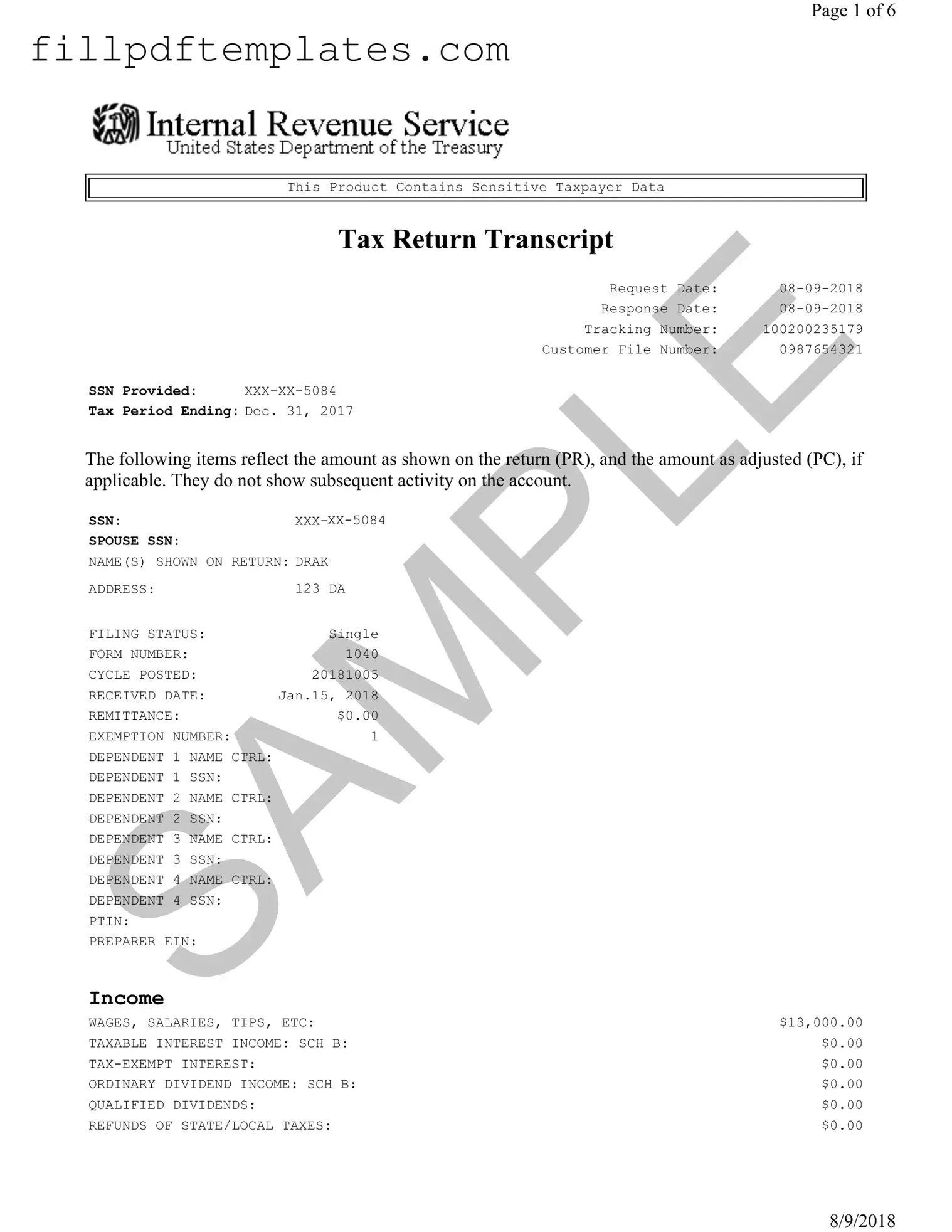 Fill a Valid Sample Tax Return Transcript Template