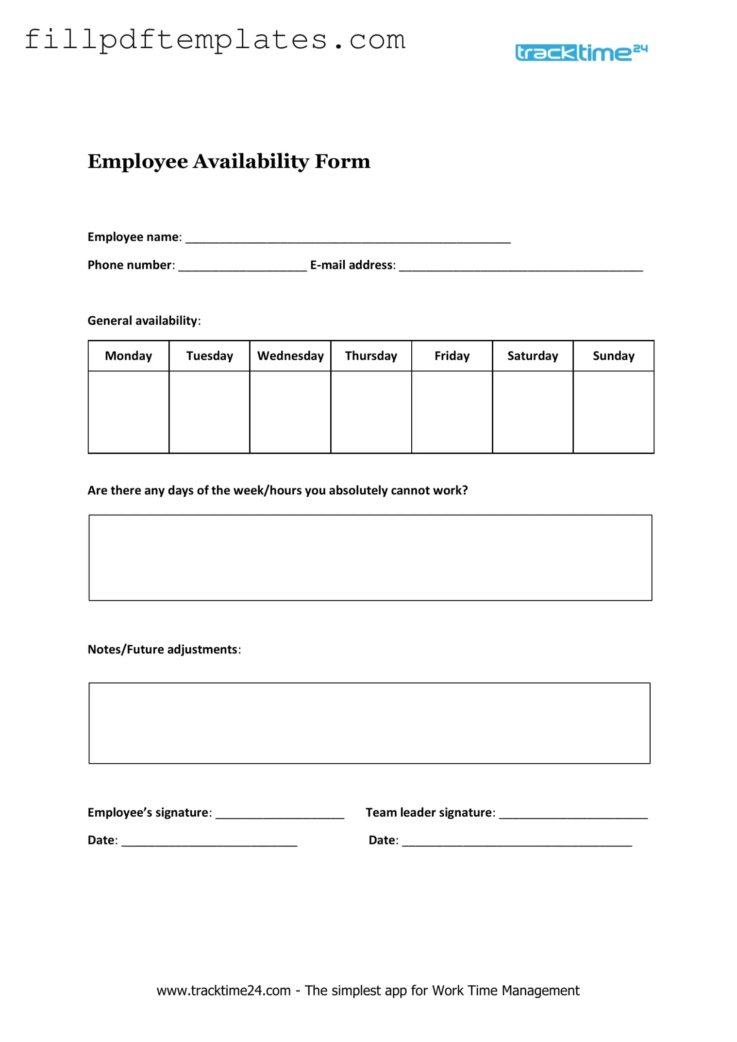 Fill a Valid Employee Availability Template