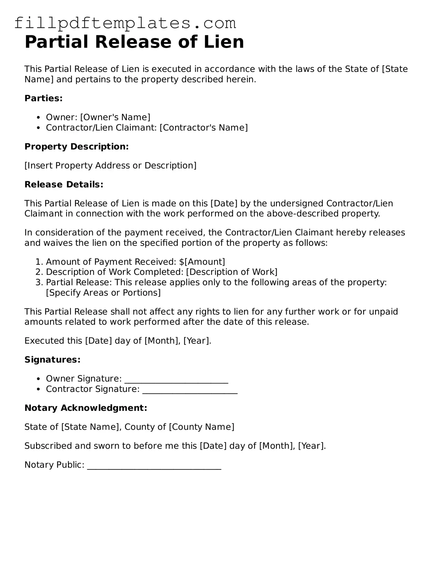 Valid Partial Release of Lien Form