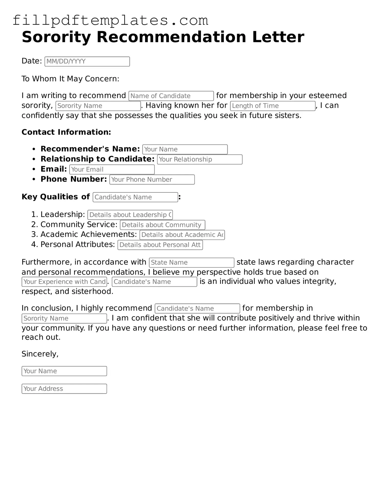 Valid Sorority Recommendation Letter Form