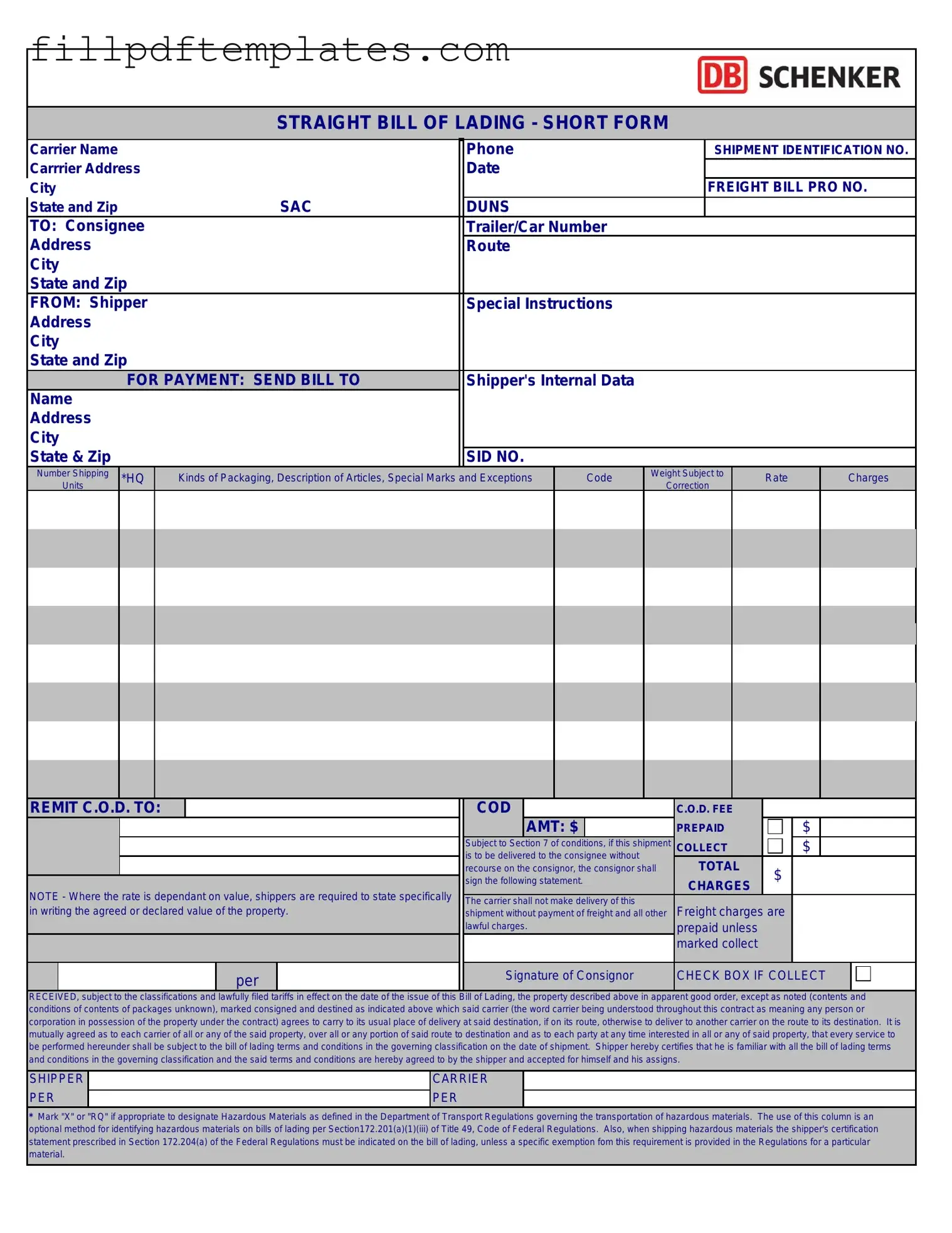 Fill a Valid Straight Bill Of Lading Template