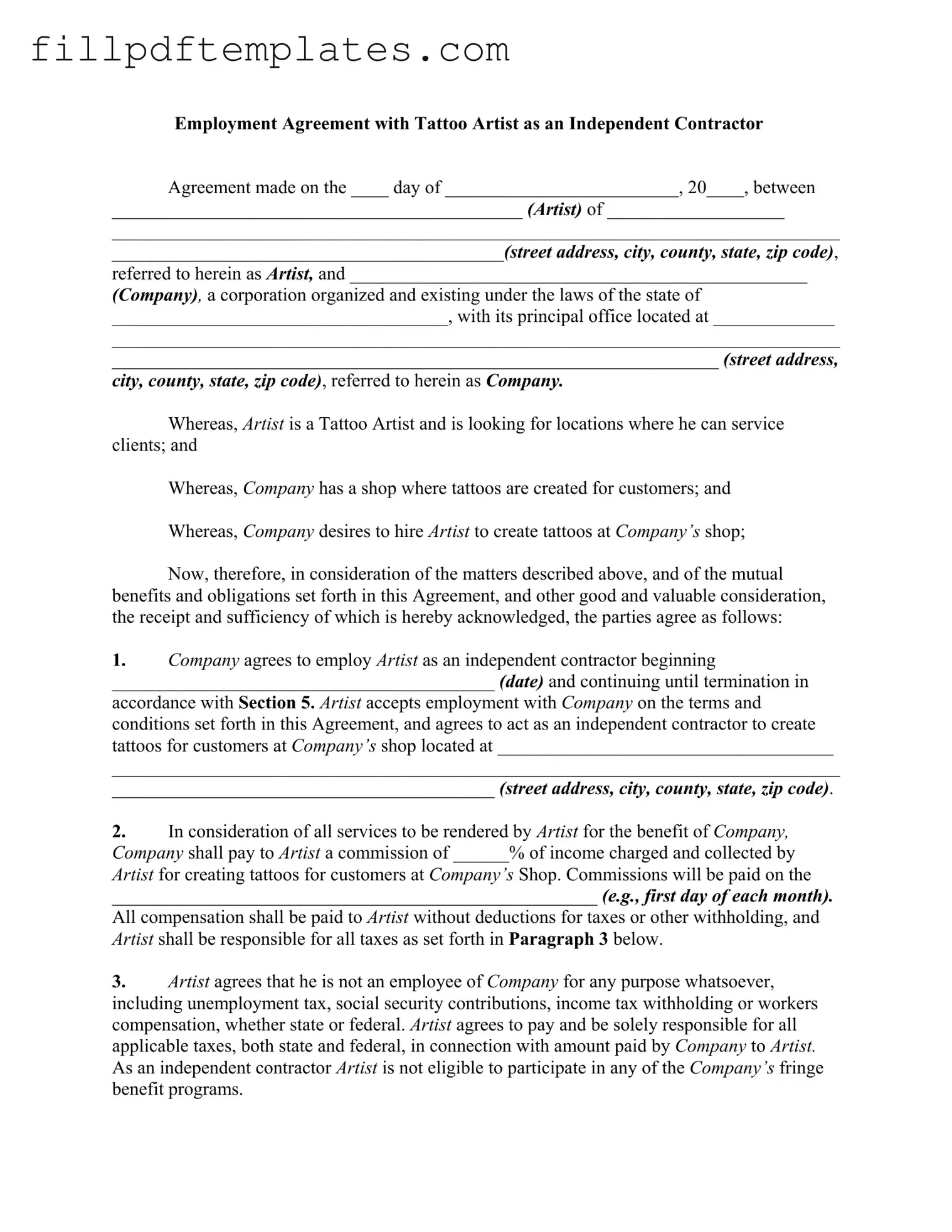Fill a Valid Tattoo Shop Artist Agreement Template