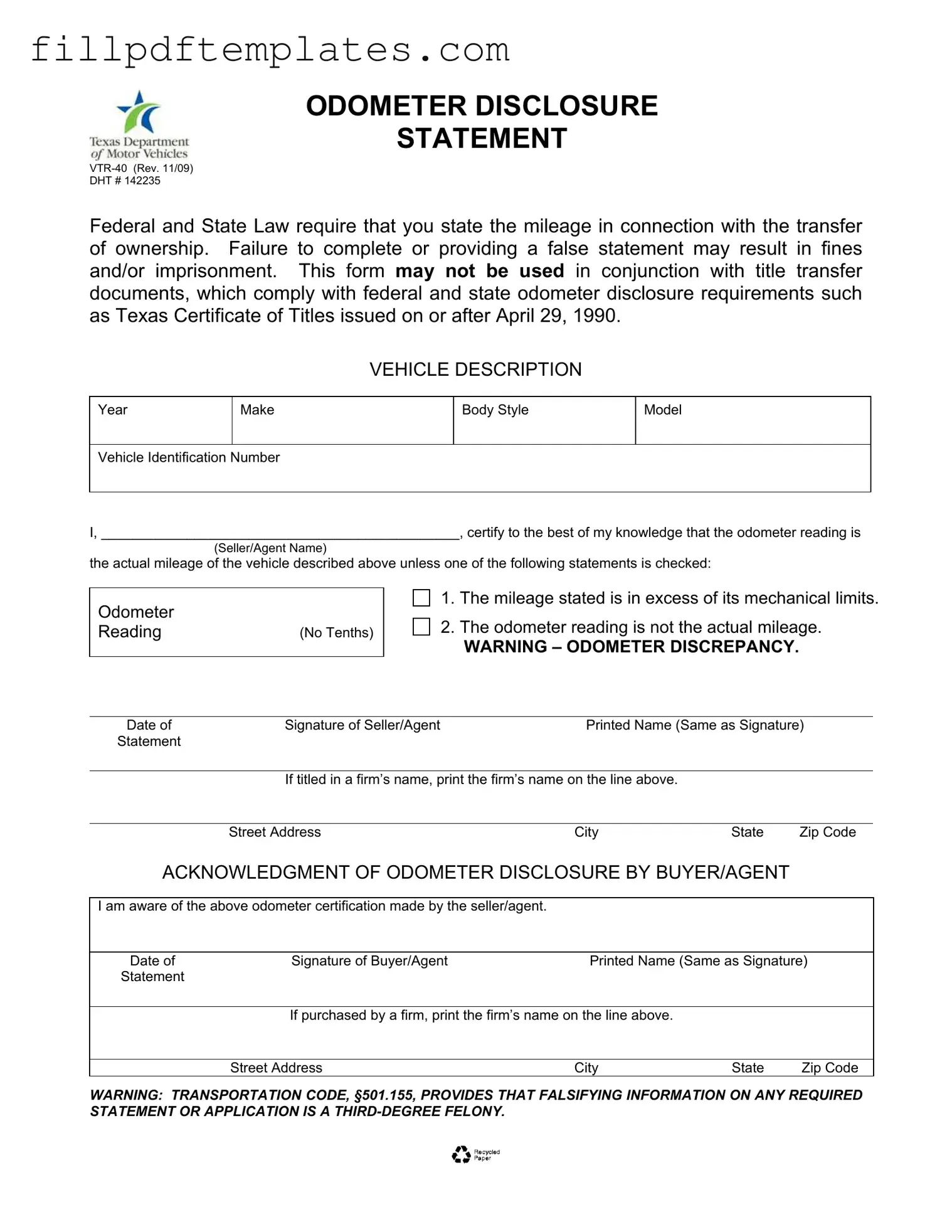 Fill a Valid Texas Odometer Statement Template