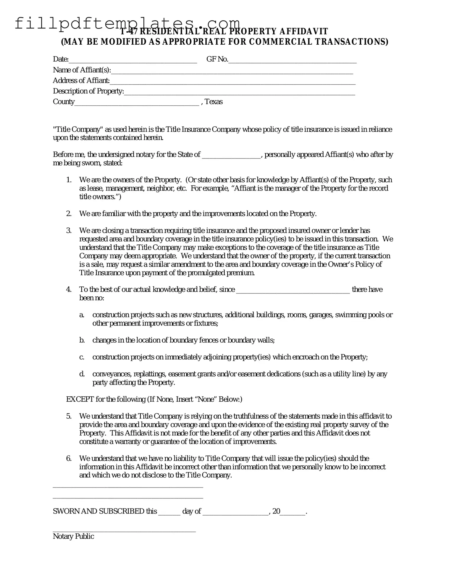 Fill a Valid Texas residential property affidavit T-47 Template