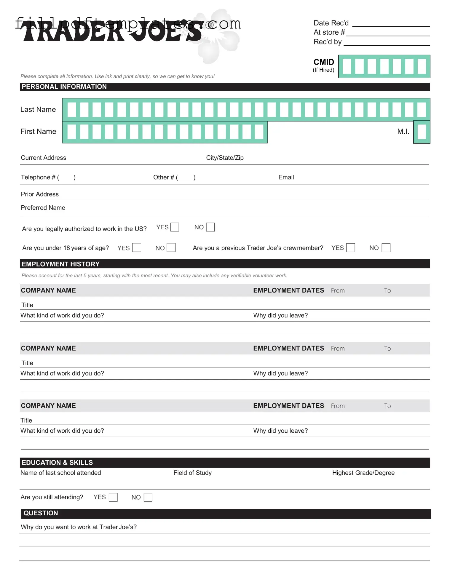 Fill a Valid Trader Joe's application Template