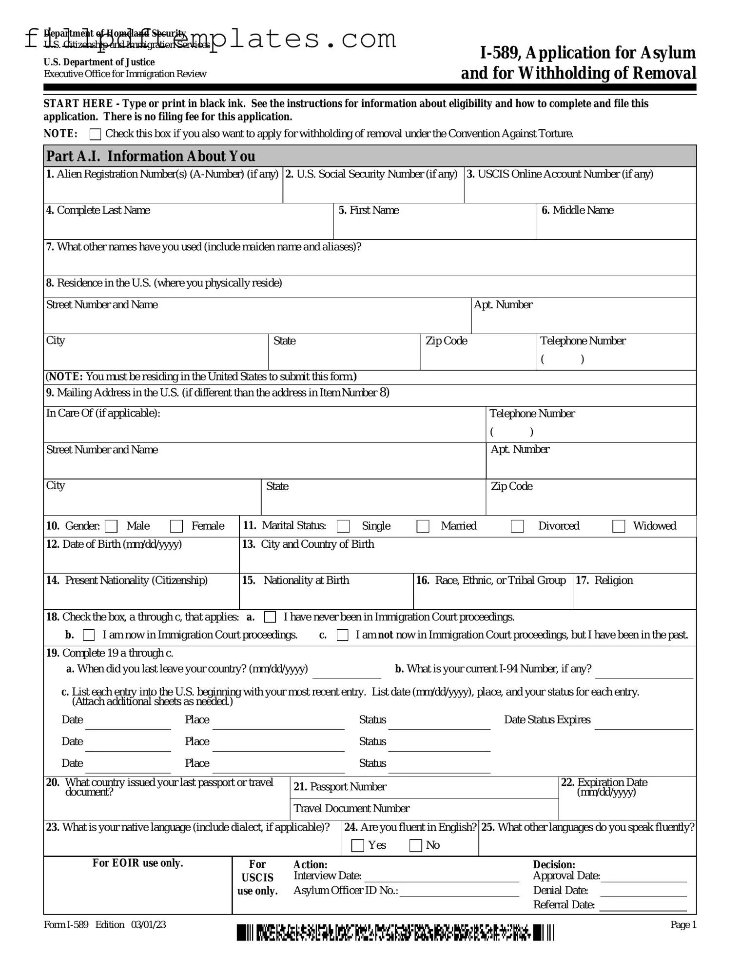 Fill a Valid USCIS I-589 Template
