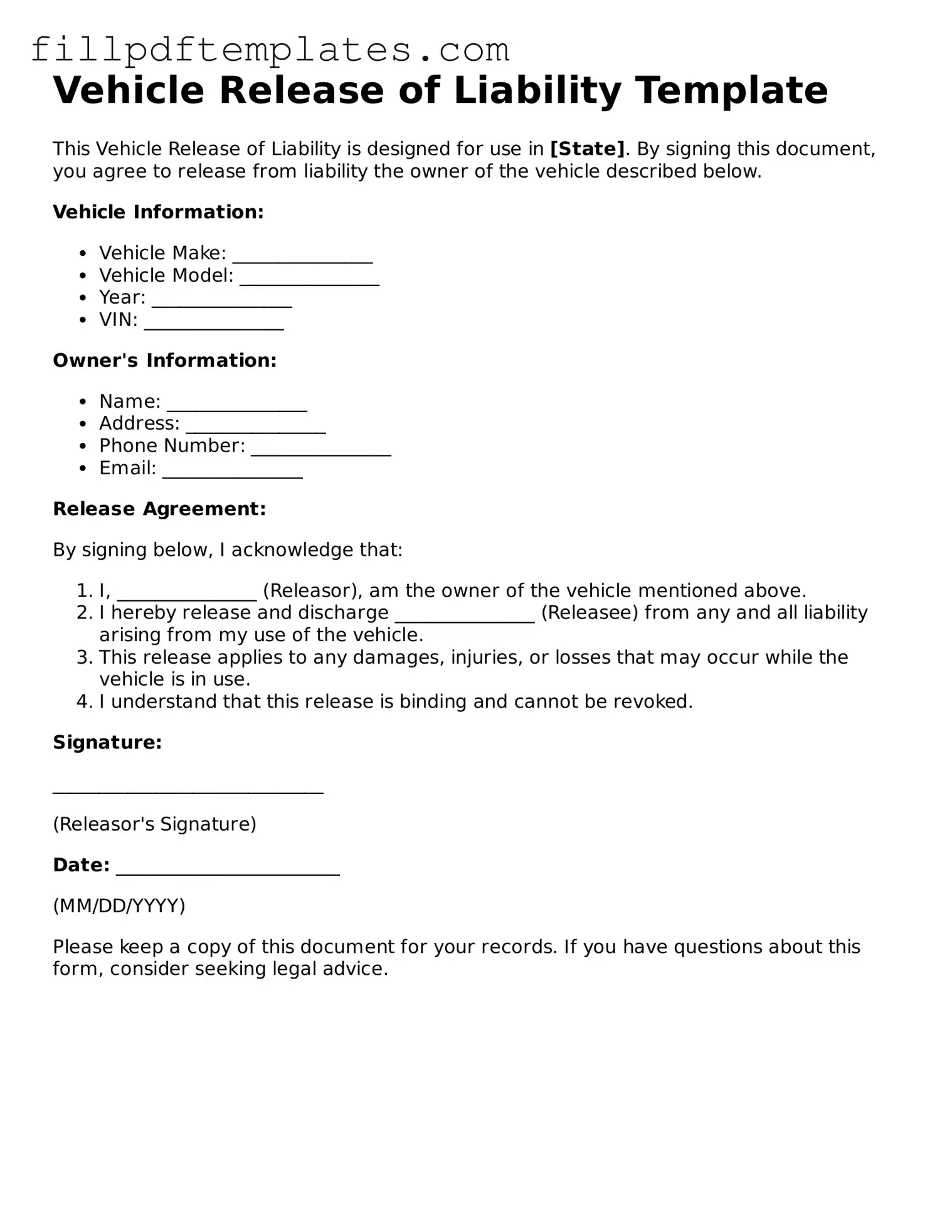 Valid Vehicle Release of Liability Form