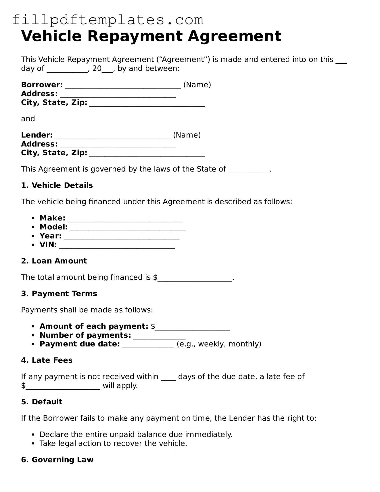 Valid Vehicle Repayment Agreement Form