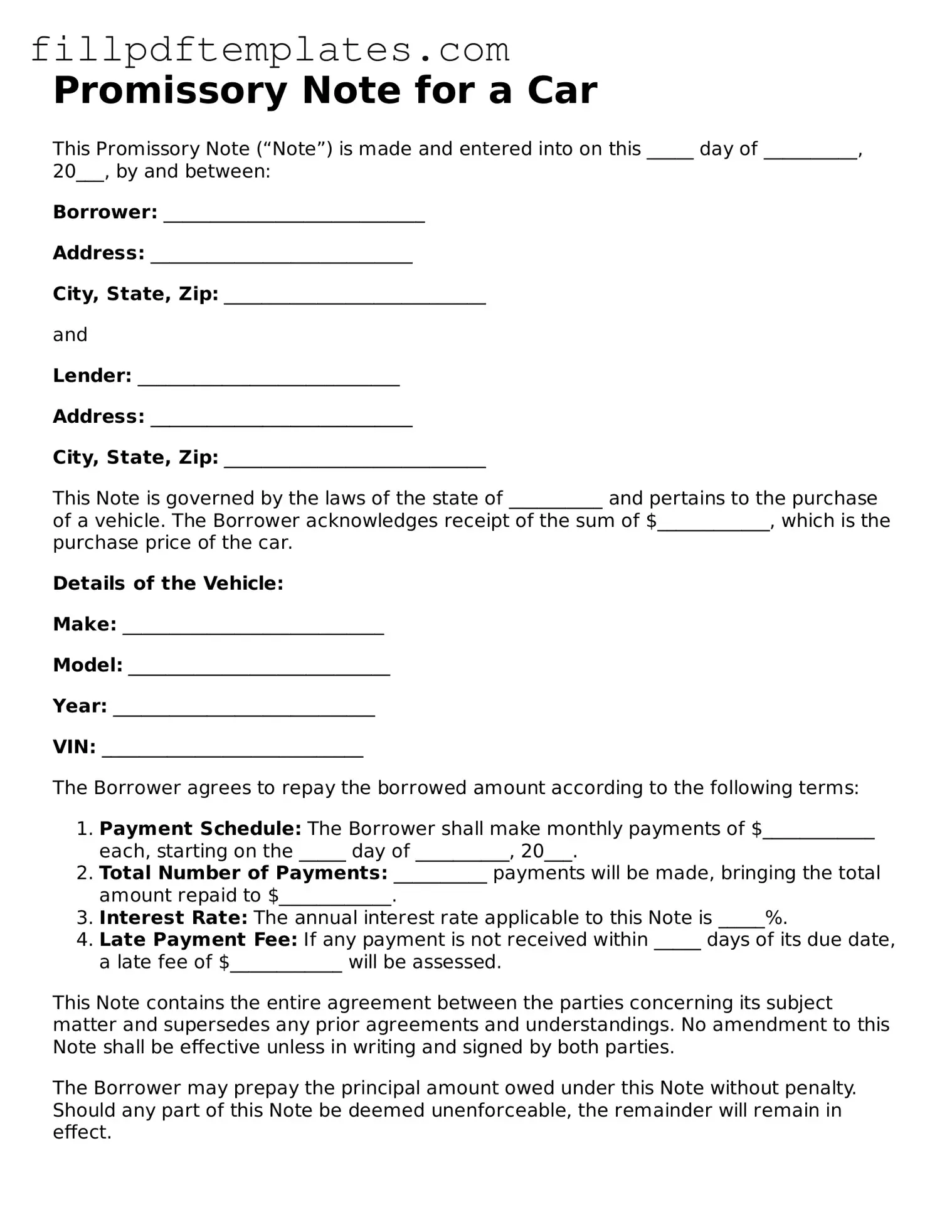 Valid Promissory Note for a Car Form