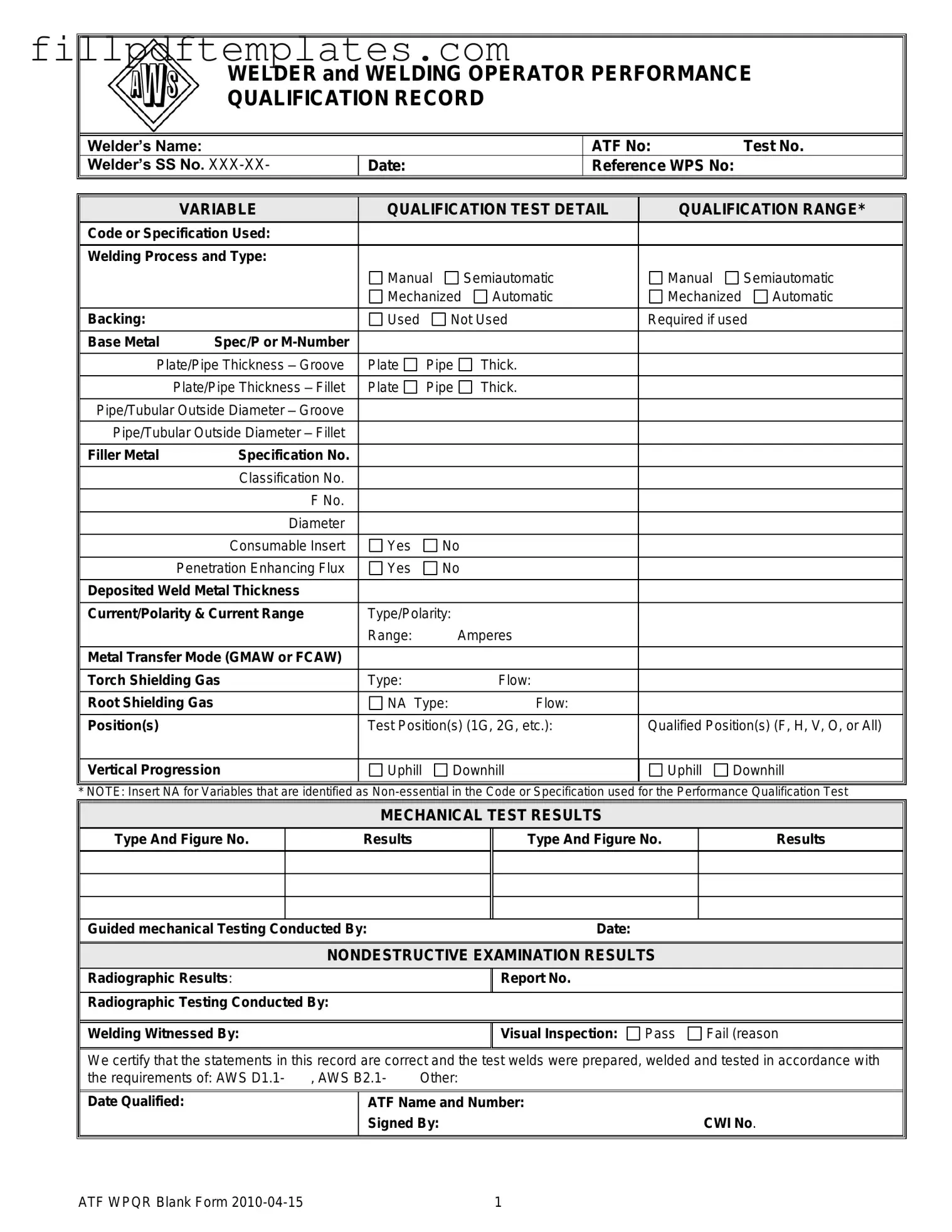 Fill a Valid Welder Performance Qualification Record Template